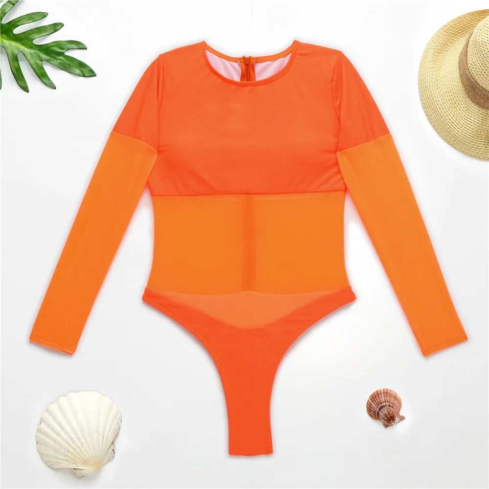 Mesh Zipper One Piece Swimsuit Long Sleeve Swimwear Women Bathing Suit Retro Vintage One-piece Surfing Swim Suits | Спорт и