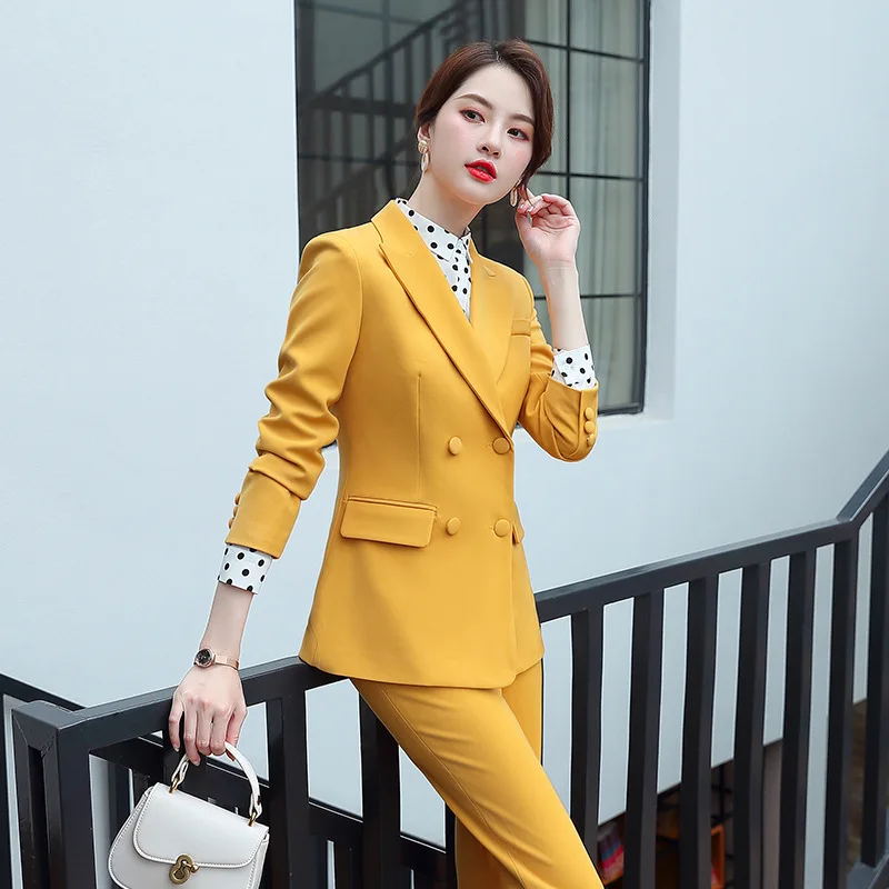 

IZICFLY Autumn New Long blazer set Female yellow Pants Suits terno feminino Elegant Women Suits with Trouser Office Wear red