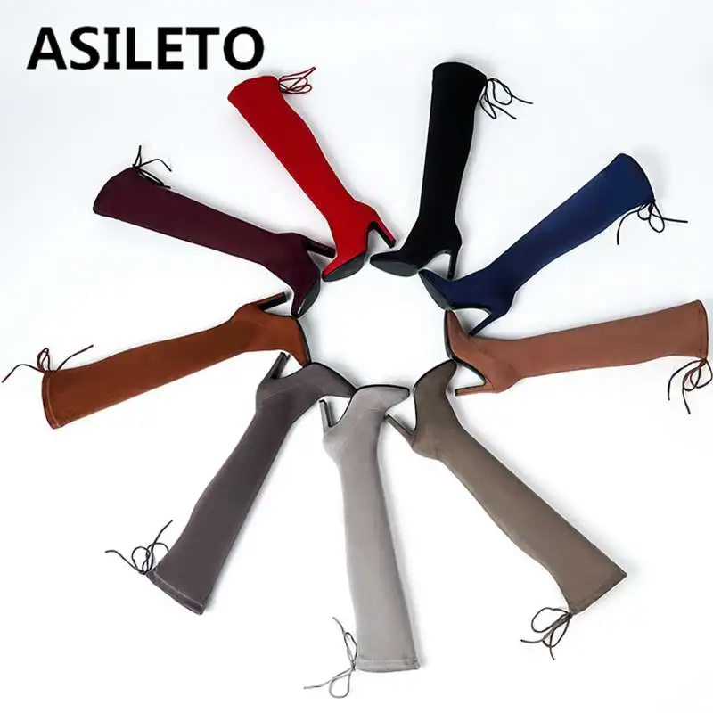 

ASILETO Woman suede leather over the knee boots thin high heels stretch long booties Sexy spring autumn slim boot big size12