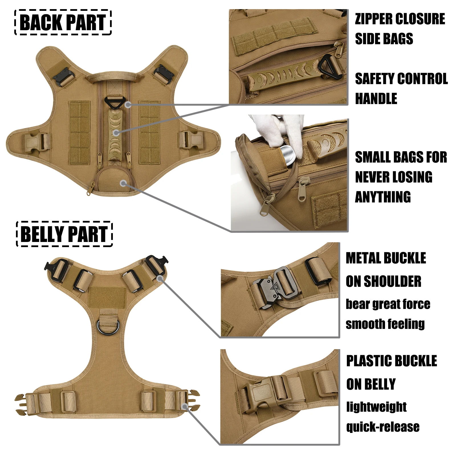 Tactical Molle Dog Harness for Large Dog Vest with Side Bags Pouches for Military Service Dog Working Training