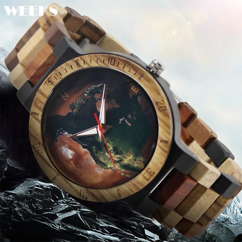 Natural Wood Watch Men Quartz Watches The Earth World Planet Design Wooden Band Male Wristwatch Clock Man Boys Relogio Masculino