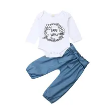 Комплект из 2 предметов для новорожденных девочек; хлопковые топы с длинными рукавами; комбинезон с надписью «Bee You»; синие штаны с бантом; одежда; сезон осень-зима