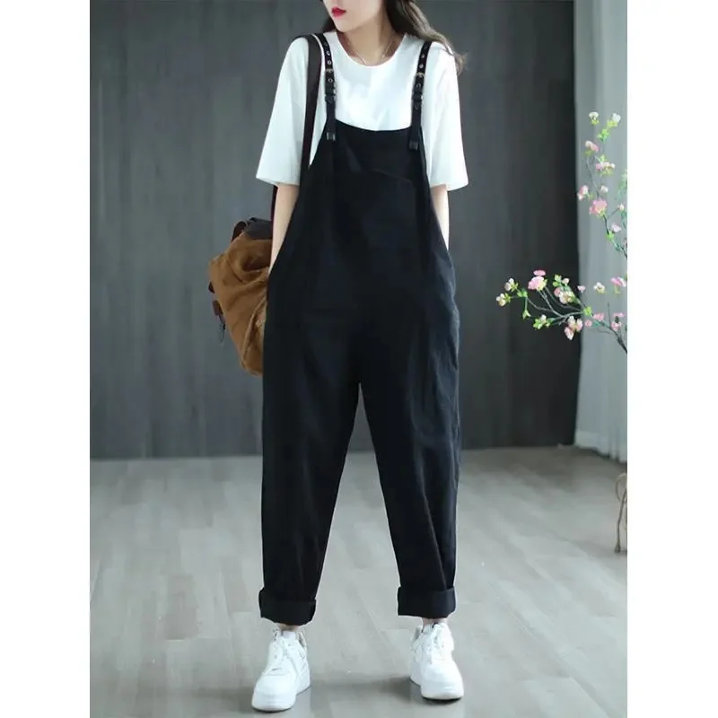 2023 New Literary Retro Overalls Women Spring Summer Woven Shoulder Width Loose Casual Strap Pants Female Cotton Linen Jumpsuit