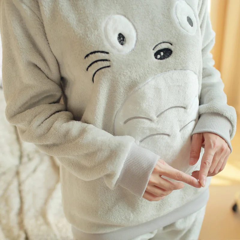 Drop shopping Winter Girl Cartoon Pajamas Long Sleeve Chinchilla Set Cute Totoro Round Neck women Flannel Pajamas sets female