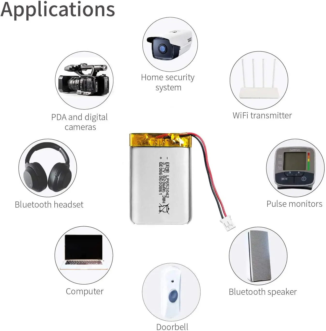 Bateria Recarregável 3.7 Mah do Polímero do Lítio-íon de E10 10 Peças 800 v Pilha Lipo da Bateria 653042 Mah para a Campainha do Computador de Bluetooth das Câmeras - Image 4