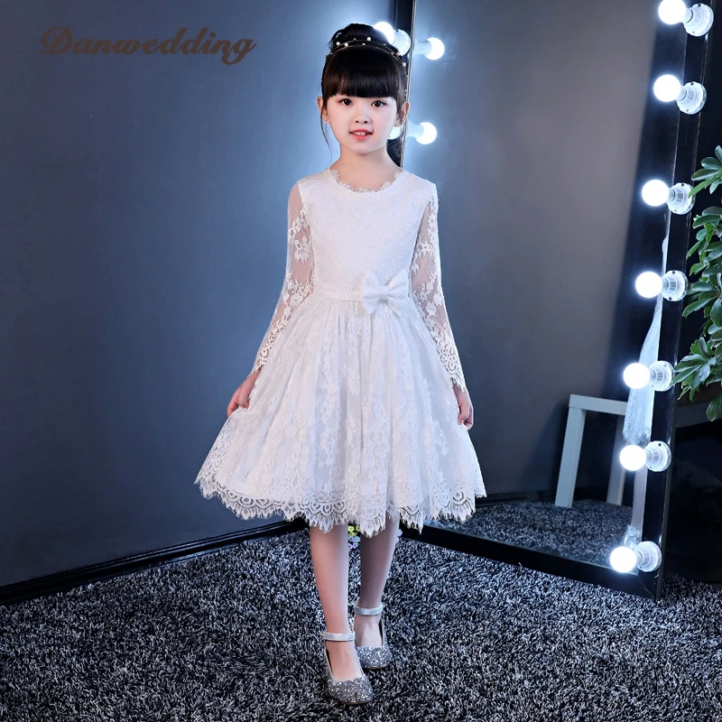 Soft Lace Kids Pageant Evining Dress Long Sleeve Short Flowers Girl Dress For Wedding First Communion Dress White Princess