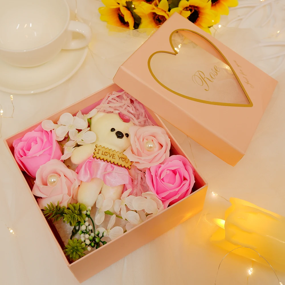 Caja de regalo con flores de jabón en forma de osito, ideal para Navidad,  cumpleaños, San Valentín, bodas o como regalo para novia, esposa o madre en