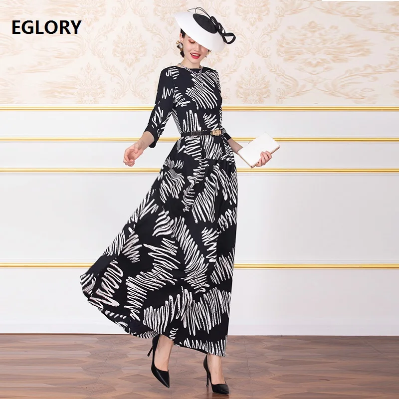 

Elegant Long Dress 2019 Autumn Party Evening Women O-Neck Exquisite Print 3/4 Sleeve Vintage Long Maxi Dress Plus Size XXXL