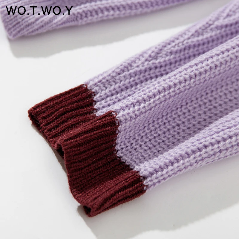 WOTWOY, новинка, Осень-зима, контрастные цвета, пэчворк, женский свитер, Повседневный, пуловер, для женщин, с круглым вырезом, вязаный, водолазка, Pull Femme