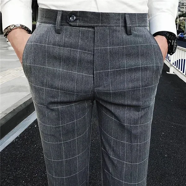 gray checker Полосатые узкие брюки мужские Новые повседневные брюки на шнурке мужские уличные модные дышащие брюки, подходящие для любого размера облегающая в клетку - Цвет: gray checker