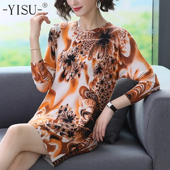 

YISU Print Knitted Dress Women 2019 Autumn Winter Fashion Sweater dress Loose O neck Long sleeve Straight dress Women
