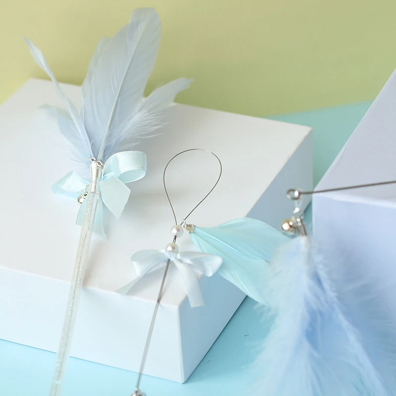 3pcs Cat Teaser Toy Faux Feather Bow Flexible Bell Kitten Teaser Wand Pet Training Toy Premium Plastic Pet Supplies 4 Colors