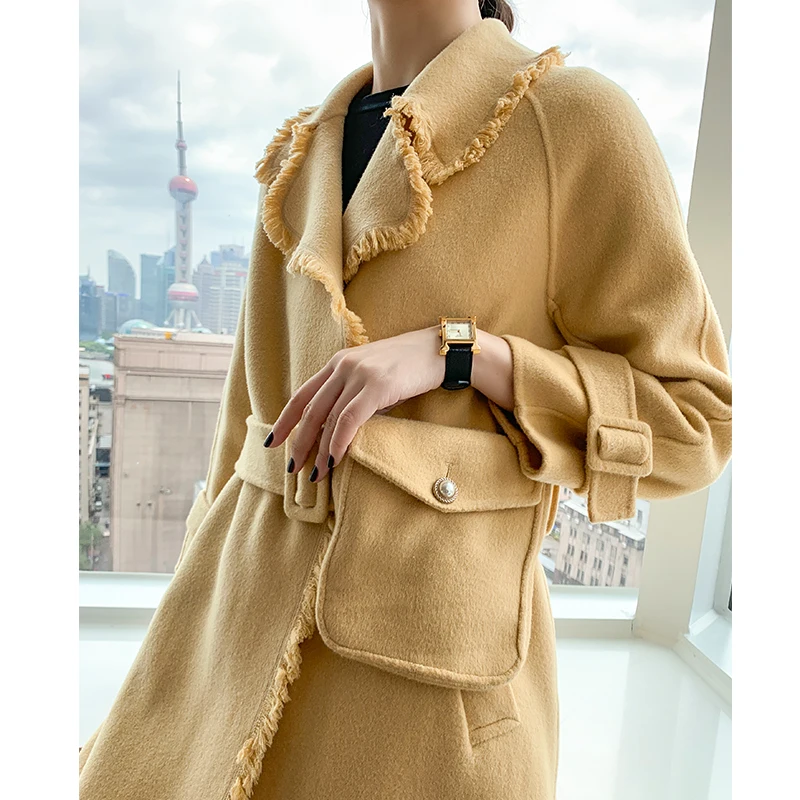 Abrigos Mujer Invierno шерстяное пальто Корейская мода Высокая талия двухстороннее с кисточками пояс длинное шерстяное пальто