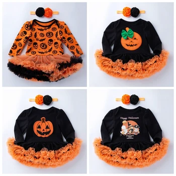 

2 Pcs Baby Winter Clothes Set Infant Romper&Hairband Girl Dress Newborn Halloween Costume Toddler Cartoon Pumpkin Witch Outfit