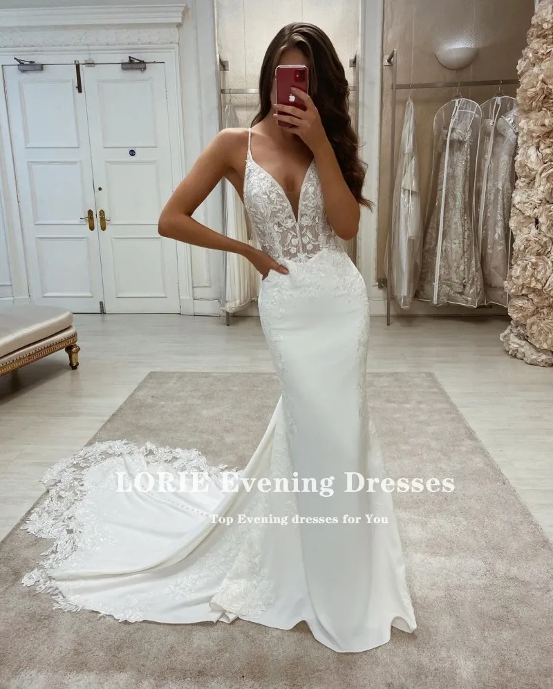 LORIE Boho Wedding Dresses V-Neck Appliques Lace Mermaid Wedding Gowns Spaghetti Straps Sexy Country Bridal Dresses Customized 5
