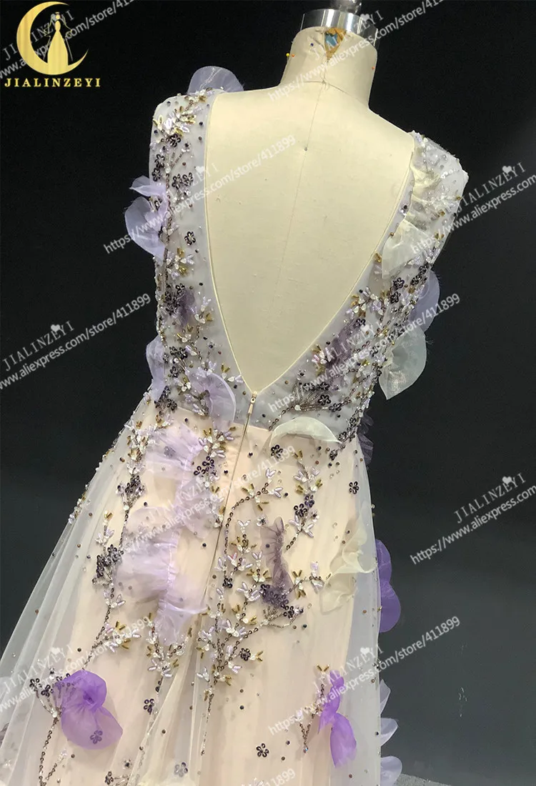 Rhine реальные фотографии фиолетовые цветы V шеи Marchesa Прекрасные бусы кристаллы А-силуэта вечерние платья