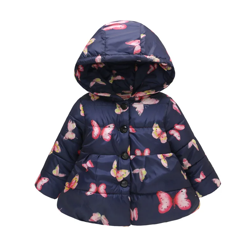 Детское пальто с капюшоном и цветочным рисунком для девочек; зимнее пальто для девочек; детская куртка для девочек; детская одежда; хлопковая парка; Верхняя одежда на пуговицах - Цвет: Navy butterfly