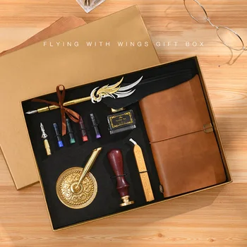 

Gold Luxury Vintage Feather Quill Dip Calligraphy Fountain Pen Notebook Fire Lacquer Seal Writing Ink Set Stationery Gift Box