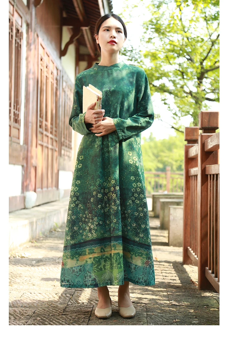 LZJN 2019 Women Autumn Long Sleeve Dress Floral Printed Belt Waist Long Dress Vestido Loose Robe with Pockets and Cotton Lining (24)