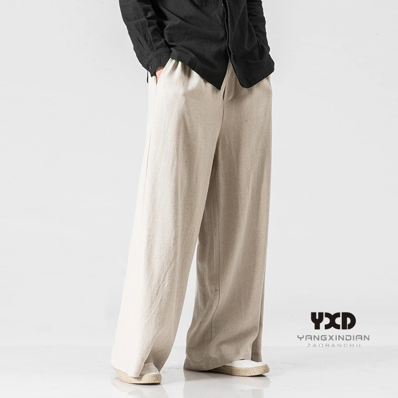 Men clothing man vintage loose cotton linen wide leg pants Chinese style casual trousers men's pants flared skirt pants Harajuku trendy loose baggy cargo pants men casual hiphop harem cotton straight trousers wide leg plus size streetwear clothing