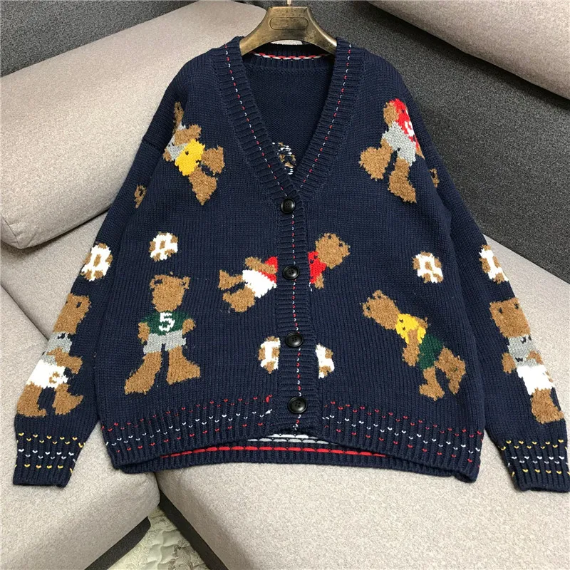 

Luxury Designer Brand Knitted Sweater for Women V Neck Embroidery Bear Loose Knitted Cardigans