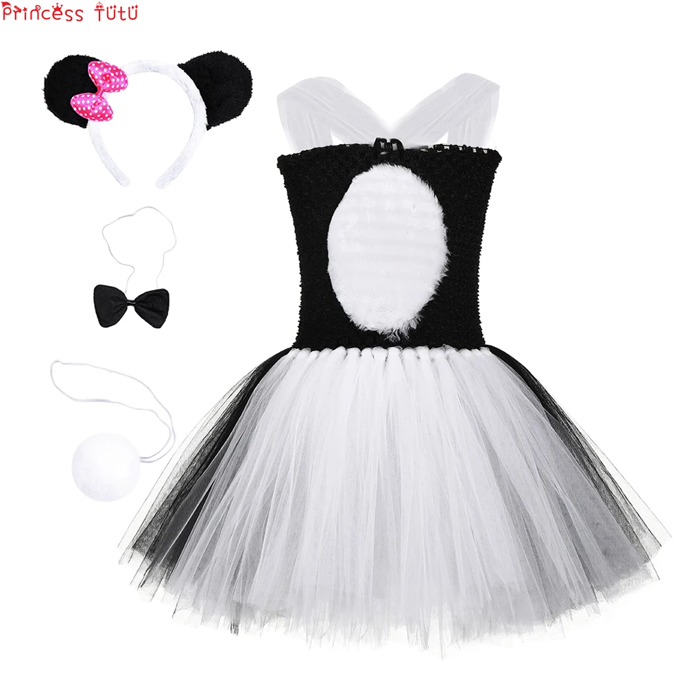 

Black&White China Sweet Panda Cartoon Cosplay Costume Girl Tutu Dress With Headband Bow Tie Tail Halloween Birthday Costume