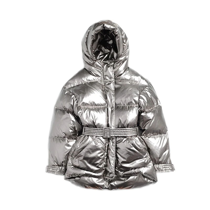 

Fashion Women's Shiny Fluffy Down Coat Female Winter Oversized Iregular Thicker Warm Glossy Hooded Down Parkas With belt F2463