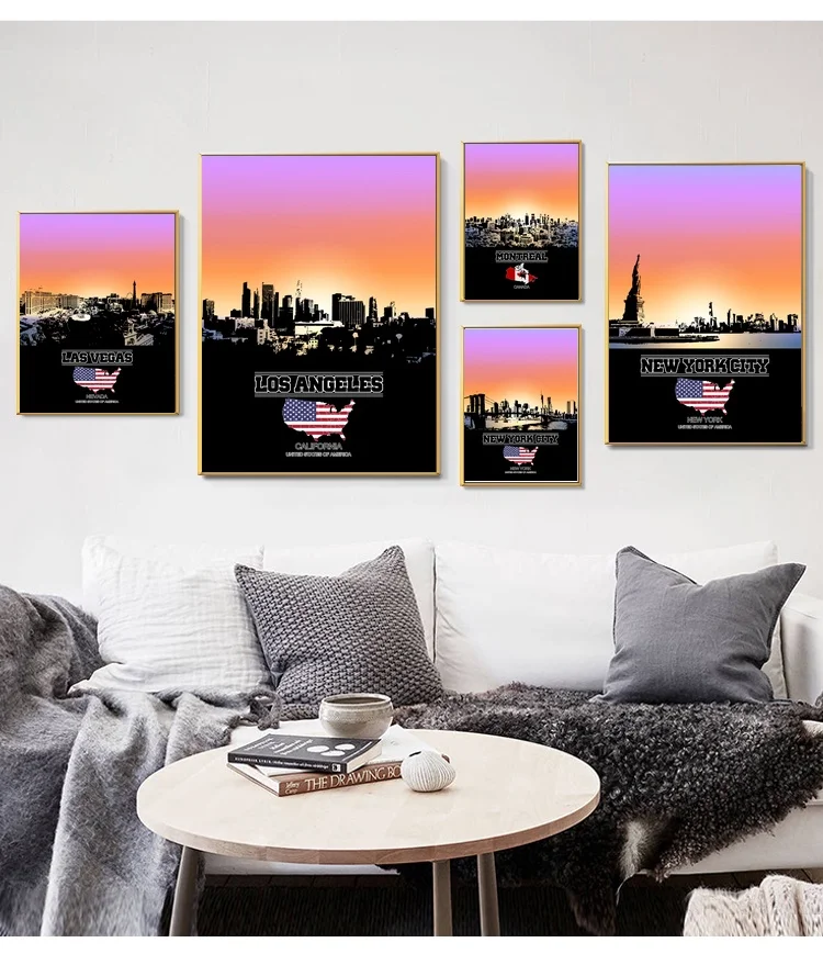 

Las Vegas Los Angeles Montreal New York Ottawa Philadelphia city skyline at sunset Art Poster Canvas Painting Home Decor