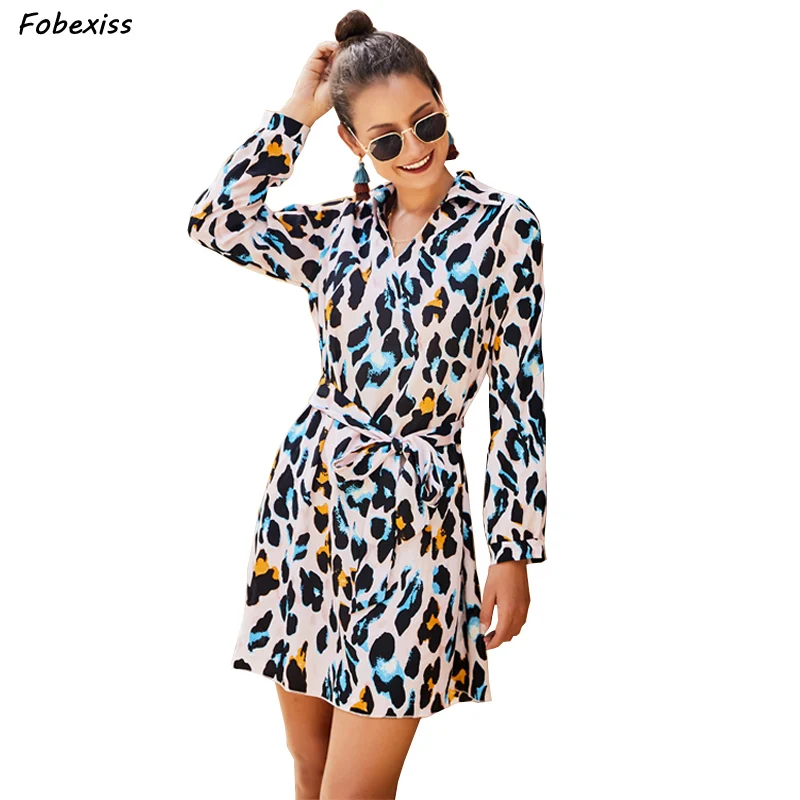 

2019 Fall Mini Dress Women Long Sleeve Sexy V Neck Vintage Leopard Print Dress Lady Bandage Sashes Plus Size Bodycon Mini Dress
