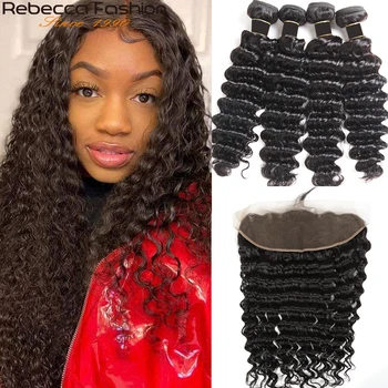 

Rebecca 13x4 Lace Frontal Closure With Bundles Brazilian Deep Wave Remy Human Hair 3 Bundles With Frontal Closure