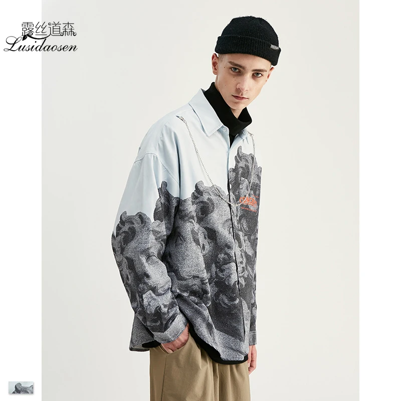 

Men's Wear Autumn New Style European And American Personality Full-page Printed Shoulder-off Lantern Sleeve Street Loose