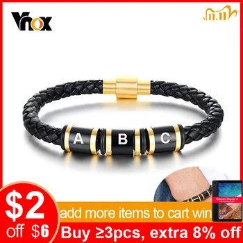 

Vnox Men's Stylish Black Braided Leather Bracelets with Custom Engrave Stainless Steel Charm Accessory BFF Gifts for Him
