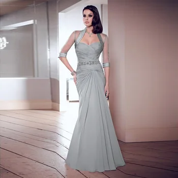 

Modest Sweetheart Sleeveless Pleats Chiffon Mermaid Mother's Dresses with Jacket Beading Belt Mother Of The Bride Dress Long