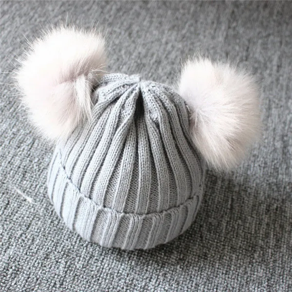 Newborn Kids Baby Boy Girl Double Fur Pom Hat Winter Warm Knit Bobble Beanie Cap