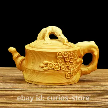 

3.1" Chinese Box-wood Hand-carved Plum Blossom Flower Teapot Teakettle Statue