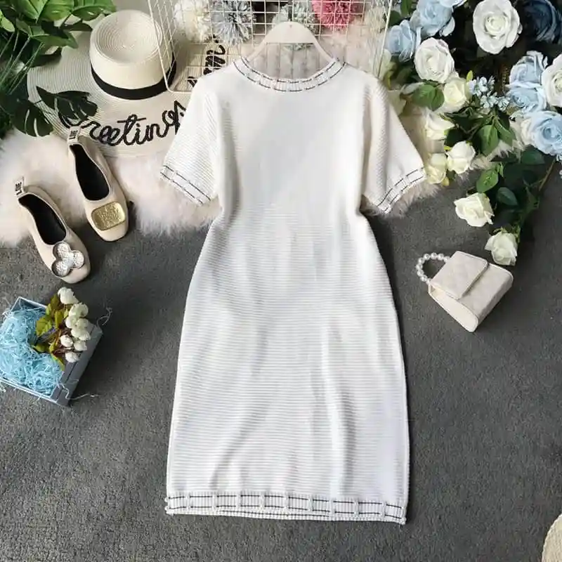NiceMix женское Повседневное платье модное с коротким рукавом с круглым вырезом трикотажное Бисероплетение однотонные Стрейчевые платья женское летнее платье Femme
