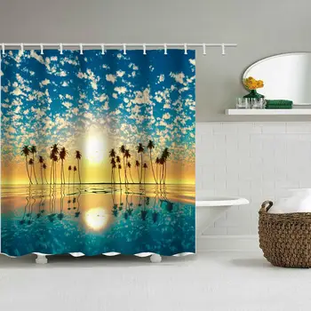 

Coconut tree beach sea view polyester printing waterproof bathroom shower curtain bathroom partition curtain with hook