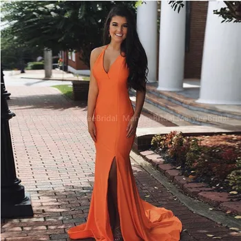 

Sexy Orange robe de soiree V-neck Halter Evening Dresses Mermaid Style Girls Formal Party Dress Backless vestidos de festa