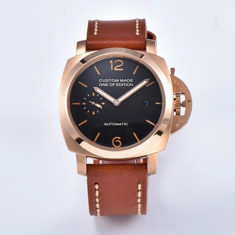 

automatic mechanical watch wrist 42mm for men gold case black dial brown leather strap aaa