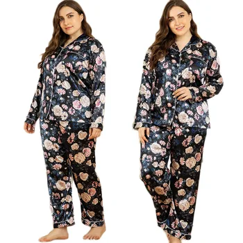 

Women Faux Silk Satin Pajama Set Floral Print Long Sleeve Loungewear Pyjamas PJ Sets Nightwear Sleepwear Bottoms 2PCS Pijamas