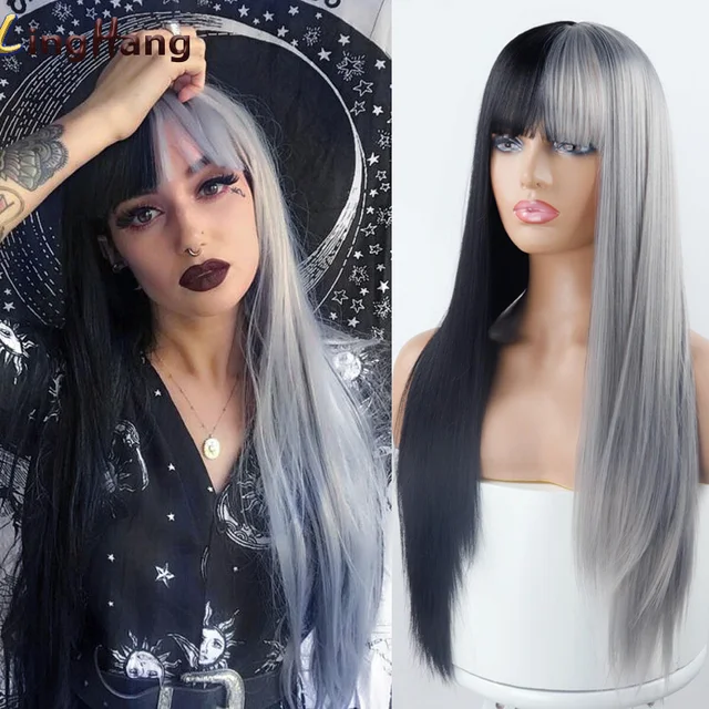 Linghang Gray and Black Wig Long Straight hair Cosplay Wig Two Tone Ombre Color Women Synthetic Hair Wigs T1B/613