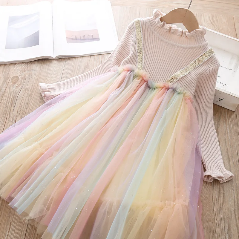 

Welaken New Winter Knitted Rainbow Mesh Dresses For Girls Children Dress Girl Dress For Baby Casual Dresses Princess Dress