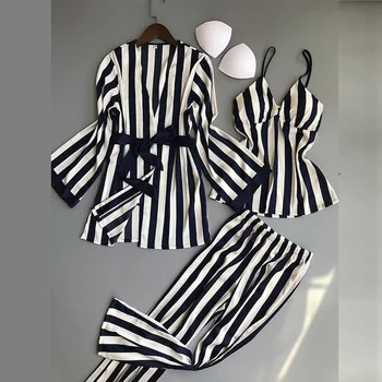 

Women Pajamas Sets 3 Pieces Fashion Spaghetti Strap Tops Satin Sleepwear Female Stripes Long Sleeve Summer Home Clothing Pijama