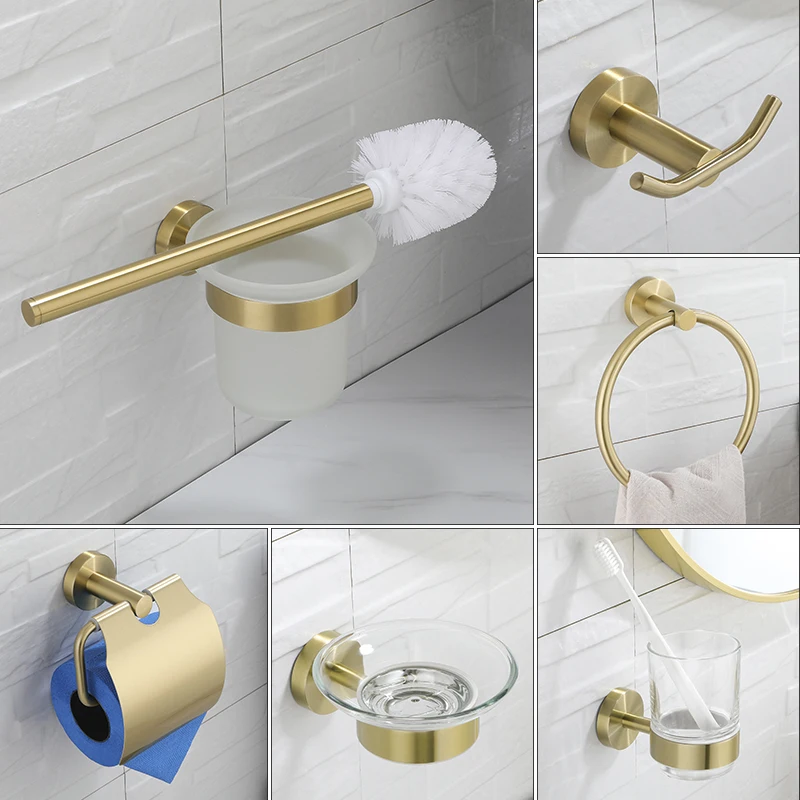 Brushed Gold Wall Mount Bathroom Hardware Set with Toilet Brush Holder