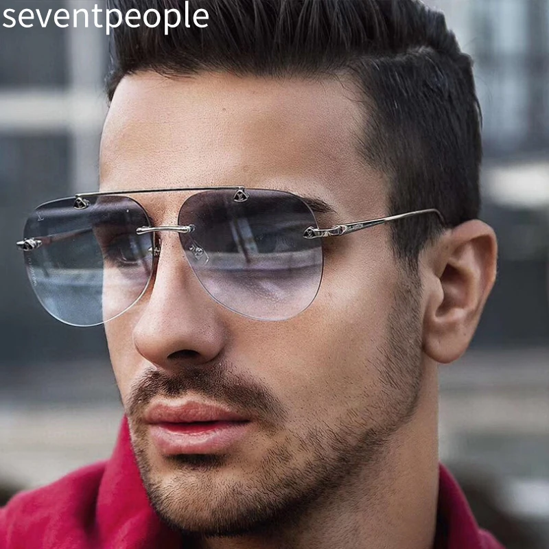 

Rimless Oval Sunglasses Vintage Metal Frame Sun Glasses for Men Luxury Brand 2020 UV400 Gafas