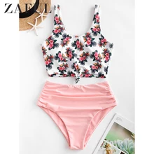 ZAFUL Women Flower Print Knot High Rise Tankini Swimsuit High Waisted Ruched Tankini Bathing Suit Contrast Two Piece Swimwear ZAFUL Women Flower Print Knot High Rise Tankini Swimsuit High Waisted Ruched Tankini Bathing Suit Contrast Two Piece Swimwear