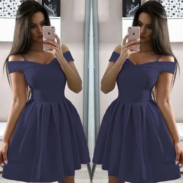 Women Summer Dress Plus Size Solid Color Short Sleeve Female Casual High Waist Oversize Mini Dresses Clothes vestidos S-3XL Navy blue
