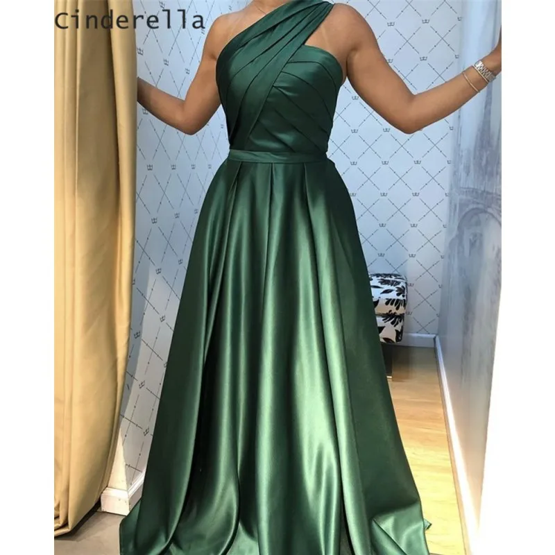 Fashion Prom Dresses robe de soiree Green One Shoulder A Line Sweep Train Satin Prom Dresses vestidos de fiesta de noche