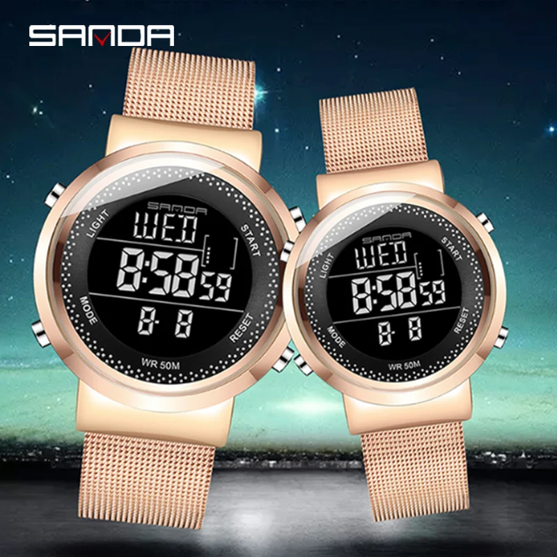 

[Dropshipping] Couple Watch SANDA 383 Digital Women Men Watches 50m Waterproof Couple Watches for Lovers With Metal Boxes Cards