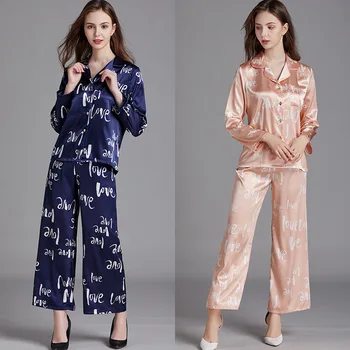 

Faux Silk Pajamas Sets Women Casual Cozy Sleepwear Spring Summer Long Sleeve Tops+ankle-length Pants Two-pieces Suit Homewear